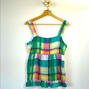 LOFT Green and Pink Ruffled Sleeveless Tank Top